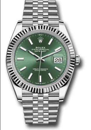 Replica Rolex White Rolesor Datejust 41 Watch 126334 Fluted Bezel Mint Green Index Dial Jubilee Bracelet